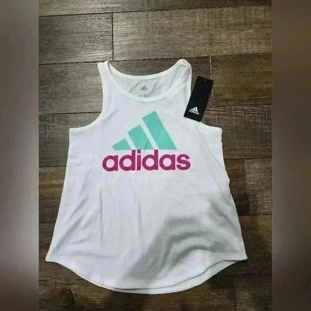 Girls Small (7/8) Adidas Logo Graphic Tank Top Green And Pink, NEW